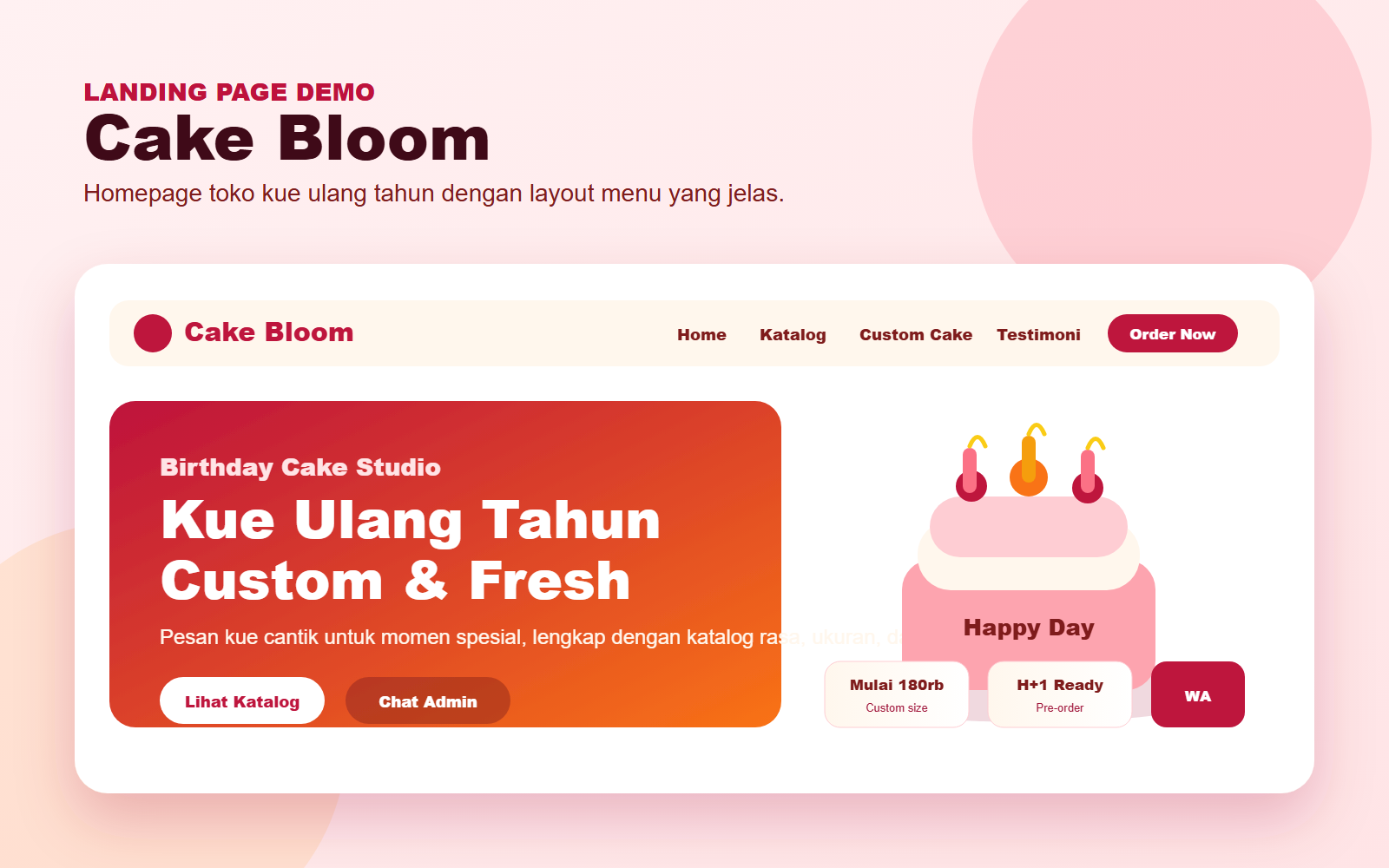 Contoh landing page toko kue ulang tahun